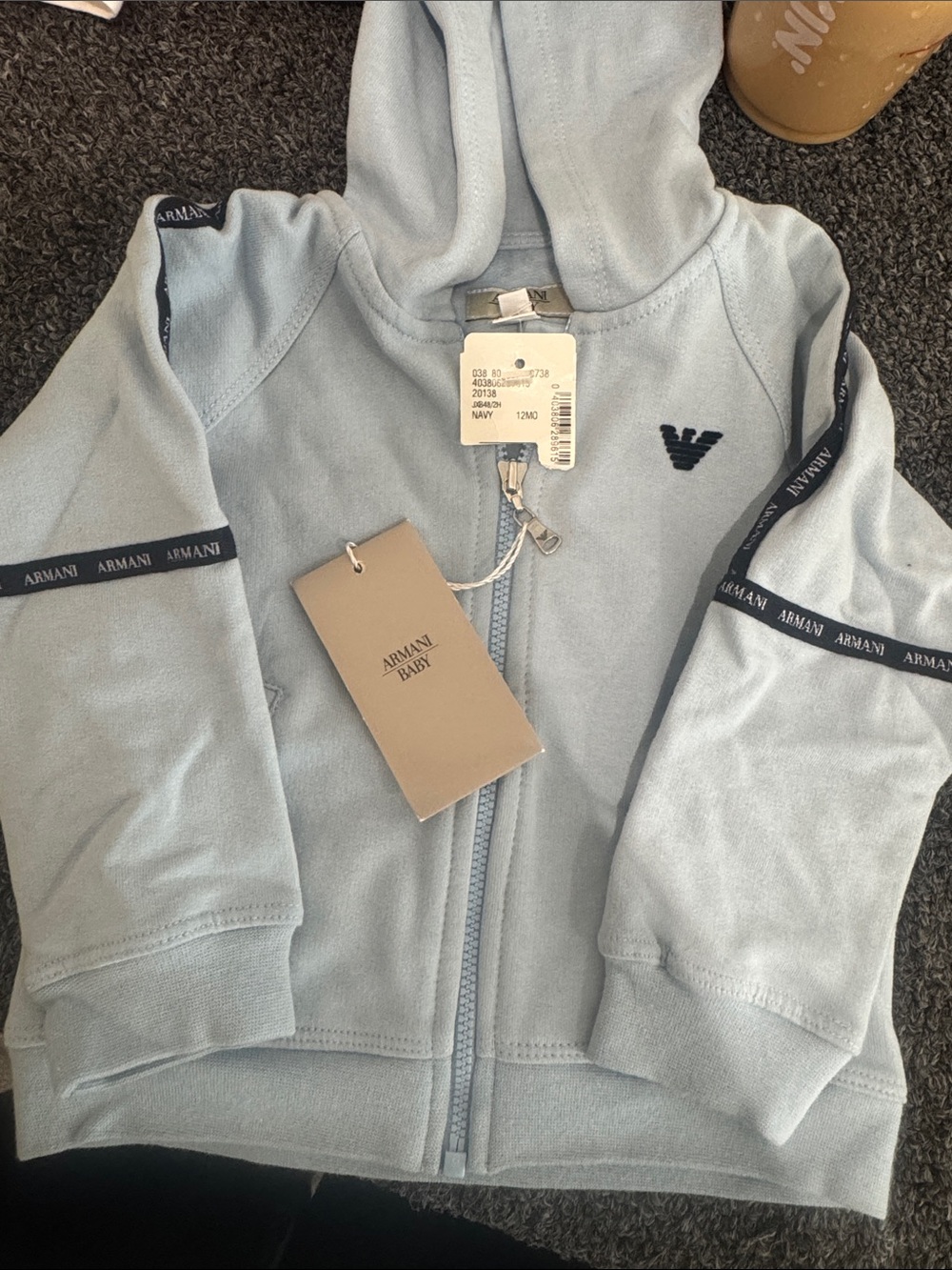 Giorgio Armani Baby Light Blue Hooded Zip Sweatshirt with Navy Trim